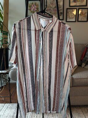 Men's XL Multicolor Vertical Stripe Short Sleeve Button-Up Shirt Linen-Feel